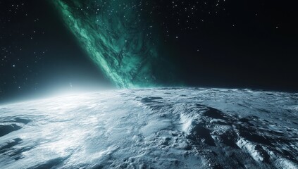 Fototapeta premium Alien planet surface with luminous nebulae in space.