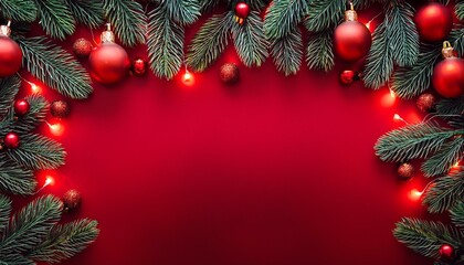 festive christmas themed border frame composed of pine branches with red baubles and christmas lights on red background seasonal promotions e commerce website header email newsletter concept