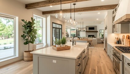 Modern Farmhouse Kitchen Interior with White Island and Exposed Beams