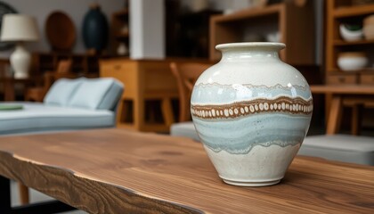 Elegant ceramic vase displayed on wooden table in modern living room decor interior design contemporary style