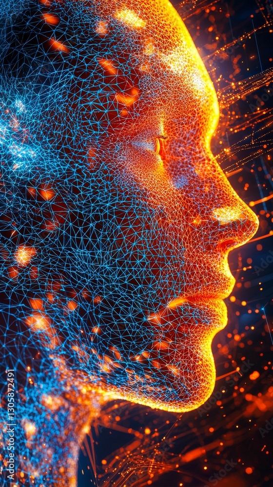 Poster digital face with interconnected glowing mesh lines