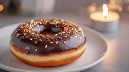A meticulously styled gourmet doughnut with a rich chocolate glaze, sprinkled with delicate gold flakes, elegantly placed on a white porcelain plate