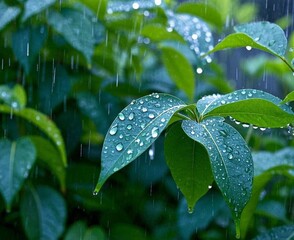 rain that turns into a vibrant sanctuary of life as water and leaves blend harmoniously,