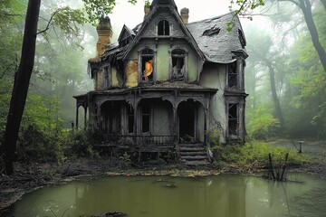 Abandoned House with Eerie Atmosphere: Haunted Mansion in Overgrown Vegetation and Foggy Landscape