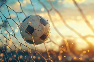 Soccer Ball in Net at Sunset