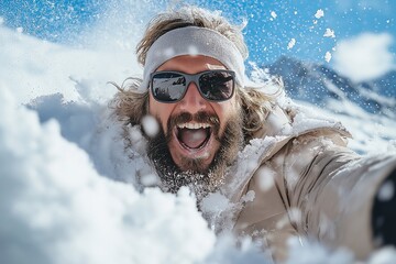 Joyful Winters: Smiling Man's Snowy Selfie Adventure in the Mountains