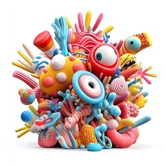 Colorful monster pile, playful 3D render, white background, fun kids illustration