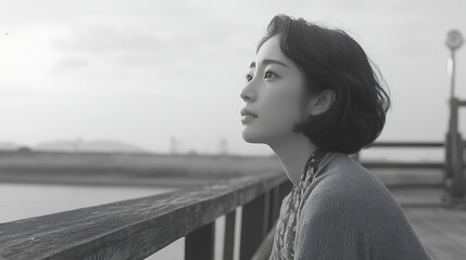 A woman is sitting on a wooden pier looking out at the water