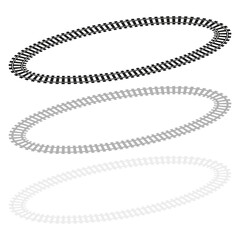 Elliptical railway track. Perspective train rails. Transport infrastructure symbol. Black curved vector.