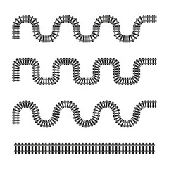 Train tracks set. Railway curves. Transport infrastructure. Black vector lines.