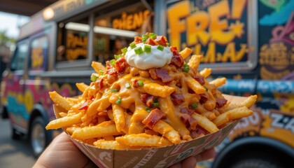 Delicious loaded fries food truck festival culinary delight outdoor atmosphere close-up view street food culture