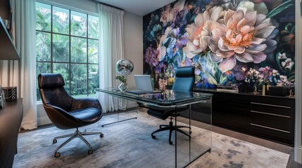 Bold contemporary home office with a glass desk, artistic wall mural, and a comfortable ergonomic chair for focus and style