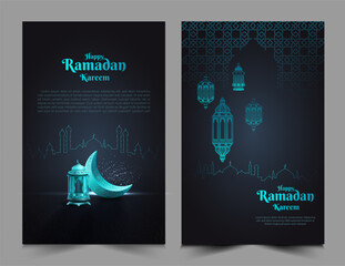 set of islamic greetings ramadan poster design with blue lanterns, crescent, and islamic ornament