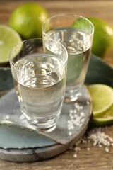 Tequila shots with salt, limes and agave leaves on wooden table, closeup