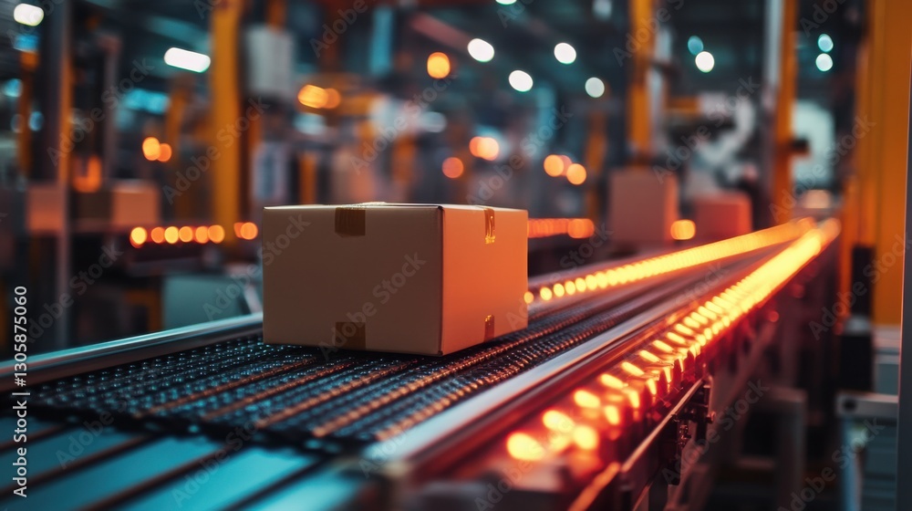 Aufkleber single box positioned on a conveyor belt in an industrial setting for sorting and processing