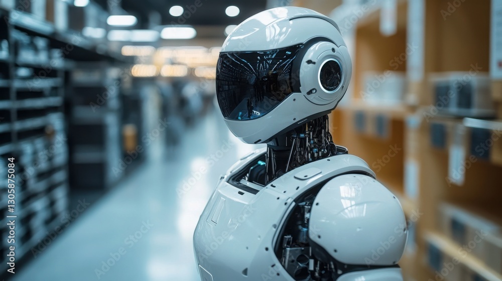 Poster robot standing in a library surrounded by shelves full of books representing knowledge and learning