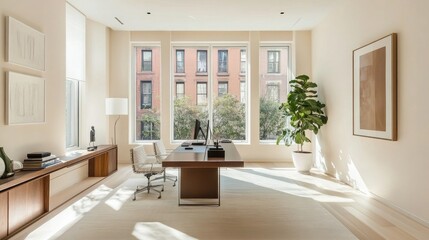 Fototapeta premium Bright and airy home office with a long desk, large windows, and a minimalist approach to furniture and decor