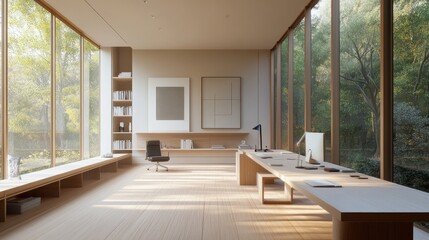 Fototapeta premium Bright and airy home office with a long desk, large windows, and a minimalist approach to furniture and decor