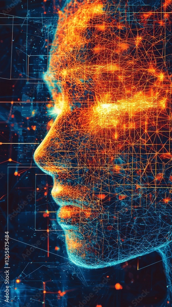 Poster abstract digital face with fiery neural network glow