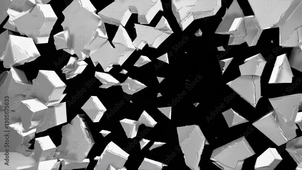Poster dynamic video concept of white 3d shards exploding outward. captured from a central angle, creating 