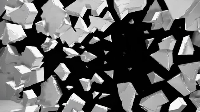 Dynamic video concept of white 3D shards exploding outward. Captured from a central angle, creating a sense of movement and energy. Live desktop wallpaper.
