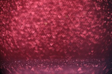 Shiny pink glitter and blurred heart shaped lights on background, bokeh effect. Romantic decor