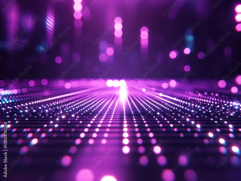 Poster vibrant purple light trails with glowing dots creating a dynamic and abstract digital background for