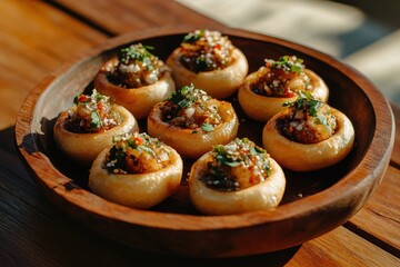 Delicious Indian Street Food with Flavorful Fillings Served in Crispy Shells on Wooden Plate