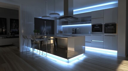 Bright kitchen with a contemporary island, metallic finishes, and soft under-cabinet lighting
