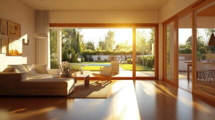 Fototapeta premium Bright living room with an open layout, a cozy seating area, and natural light streaming through large glass doors