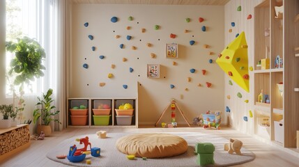 Bright playroom with a climbing wall, toy storage bins, and a soft floor area for safe and active play
