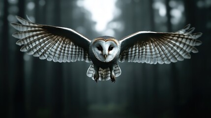 Majestic Barn Owl Gliding Through the Mystical Forest with Outstretched Wings and Intense Gaze