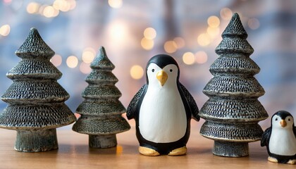 Ceramic statuettes of penguins and christmas tree