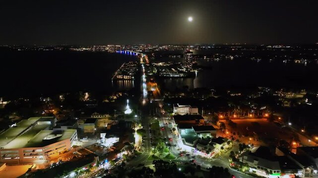 Drone of St Armand's Circle at night on Lido Key in Sarasota Florida