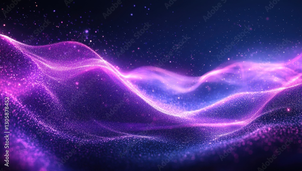 Poster vibrant waves of purple and blue abstract light with sparkling particles creating a dreamy and encha