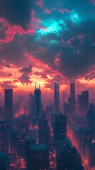 Obraz premium Vibrant cityscape at sunset. Pink and teal clouds illuminate a futuristic city skyline. Stunning urban landscape photography.