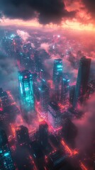 Futuristic city skyline at sunset, shrouded in pink and teal clouds.  High-rise buildings glow with vibrant neon lights. Aerial view.