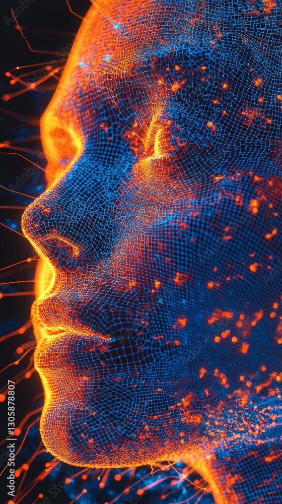 Poster wireframe face with illuminated flowing elements