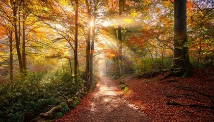 Obraz premium A Path Through Autumnal Forest, Sun Rays Piercing the Canopy