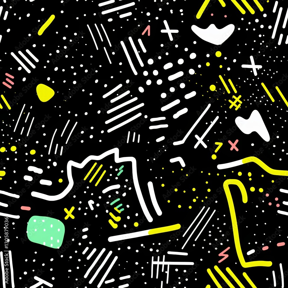 Poster abstract geometric pattern with doodles on black background. memphis style seamless texture. retro 8