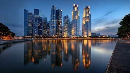 Obraz premium Stunning City Skyline Reflected in Serene Water Under Evening Sky with Illuminated Buildings