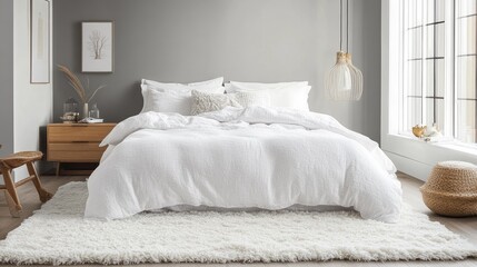 Bright Scandinavian bedroom with crisp white bedding, light gray walls, and a textured wool rug
