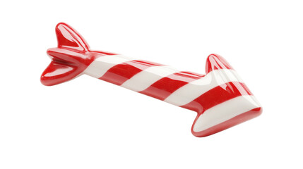 A playful red and white striped arrow, designed to catch attention, with smooth curves and a glossy finish.