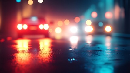 Blurred background of police flashing lights at the crime scene,

