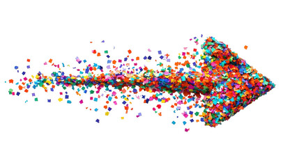 Fototapeta premium A vibrant, multicolored arrow made of confetti, pointing right, symbolizing direction and celebration.