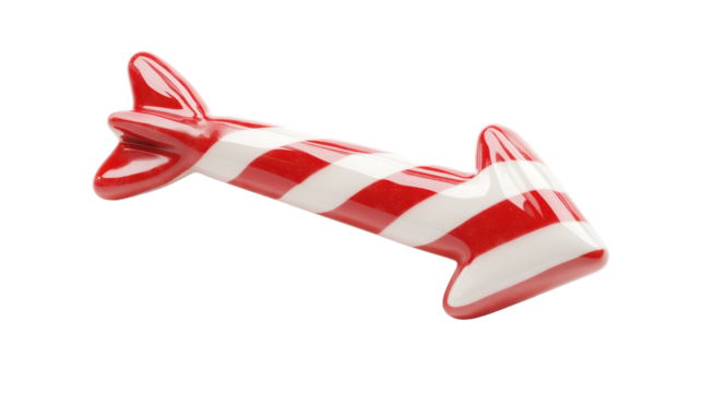 A playful red and white striped arrow, designed to catch attention, with smooth curves and a glossy finish.