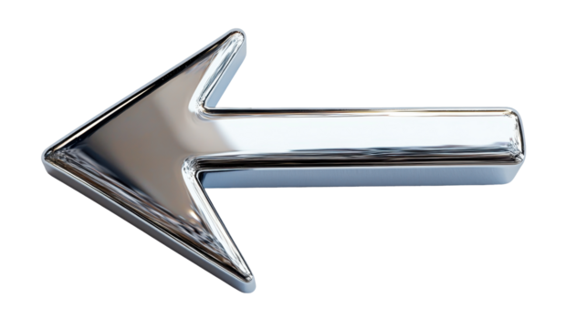A glossy silver left-pointing arrow with a sleek, modern design.