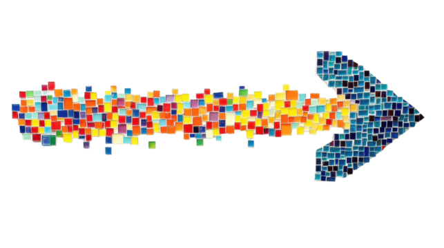 A vibrant mosaic arrow composed of colorful square tiles, symbolizing direction and creativity.