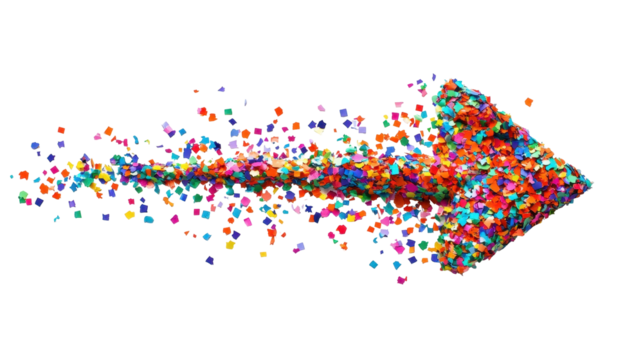 A vibrant, multicolored arrow made of confetti, pointing right, symbolizing direction and celebration.