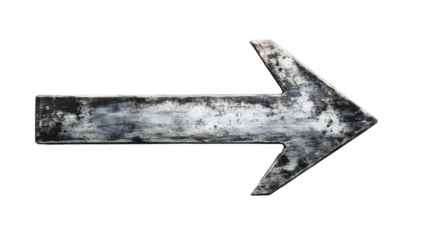 A weathered metallic arrow pointing right, showcasing a rustic and vintage aesthetic.